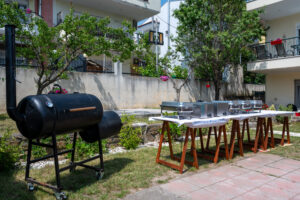 Texas smoked BBQ smoker grill and buffet chafing dishes ready for catering