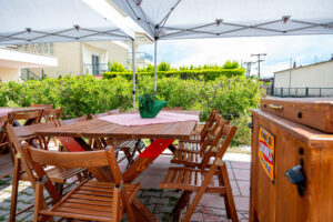 Wooden outdoor table with checkered tablecloth and green plant decoration
